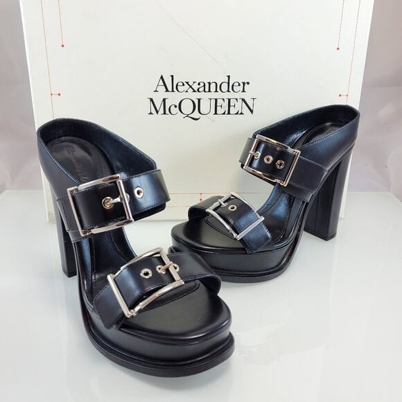 NWT$1250 Alexander McQueen Buckle Strap Leather Platform Mule Sandal Heels Shoes - Picture 1 of 12